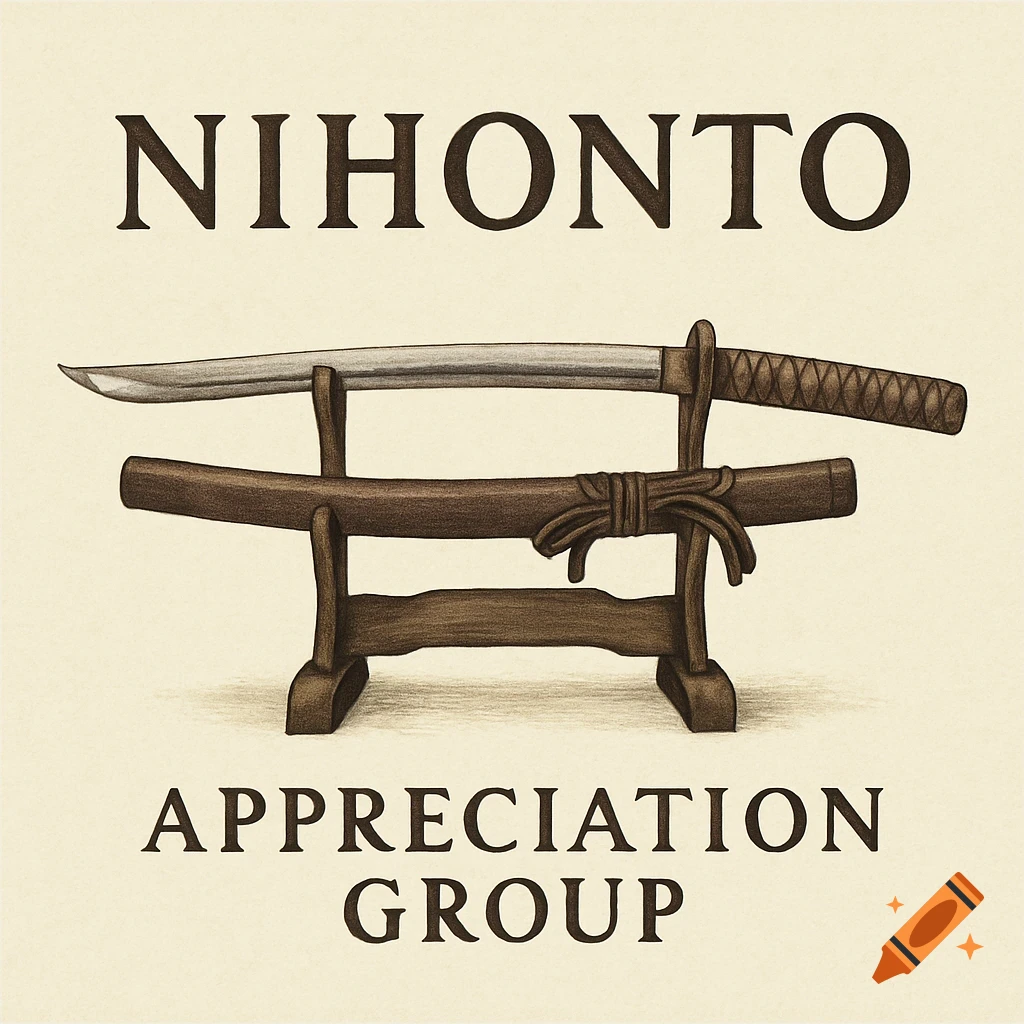 A vintage-style illustration of a katana and its scabbard on a wooden stand with the text 'NIHONTO APPRECIATION GROUP'.
