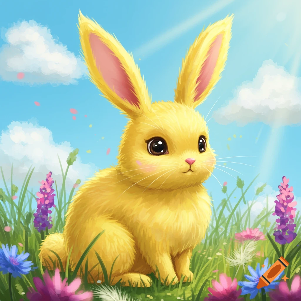 A bright yellow fluffy bunny sits in a field of colorful flowers under a sunny blue sky, cartoon illustration.