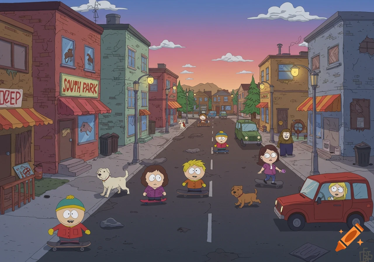 A cartoon street scene in the style of South Park at sunset, with several characters skateboarding and walking on the street, and buildings lining the road.