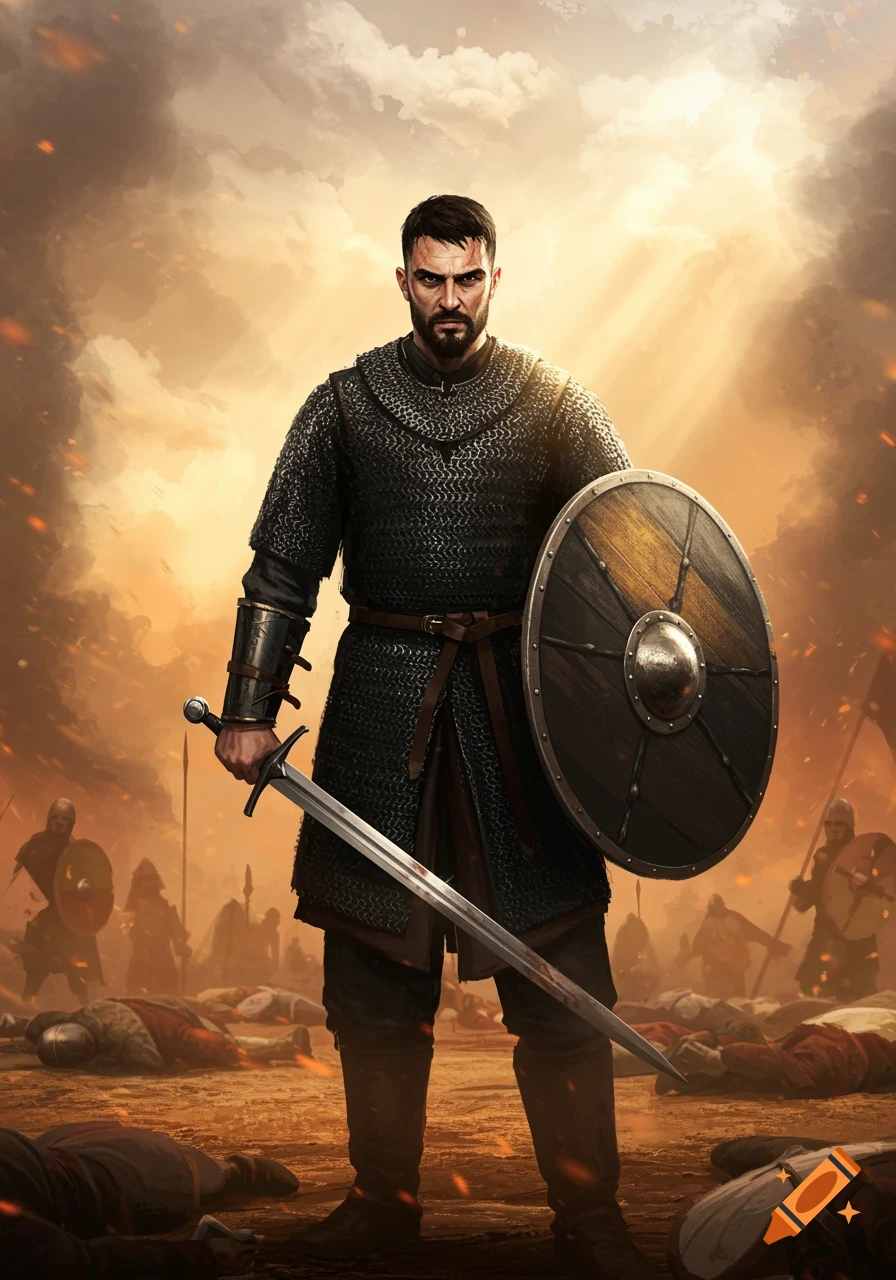A grim male warrior in chainmail with a sword and shield stands on a battlefield with fallen soldiers under a fiery sky.