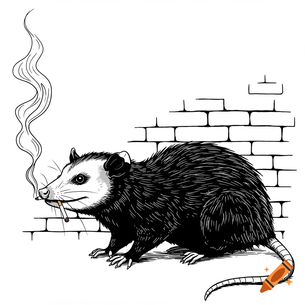 A black and white vector illustration of an opossum smoking a cigarette against a brick wall.
