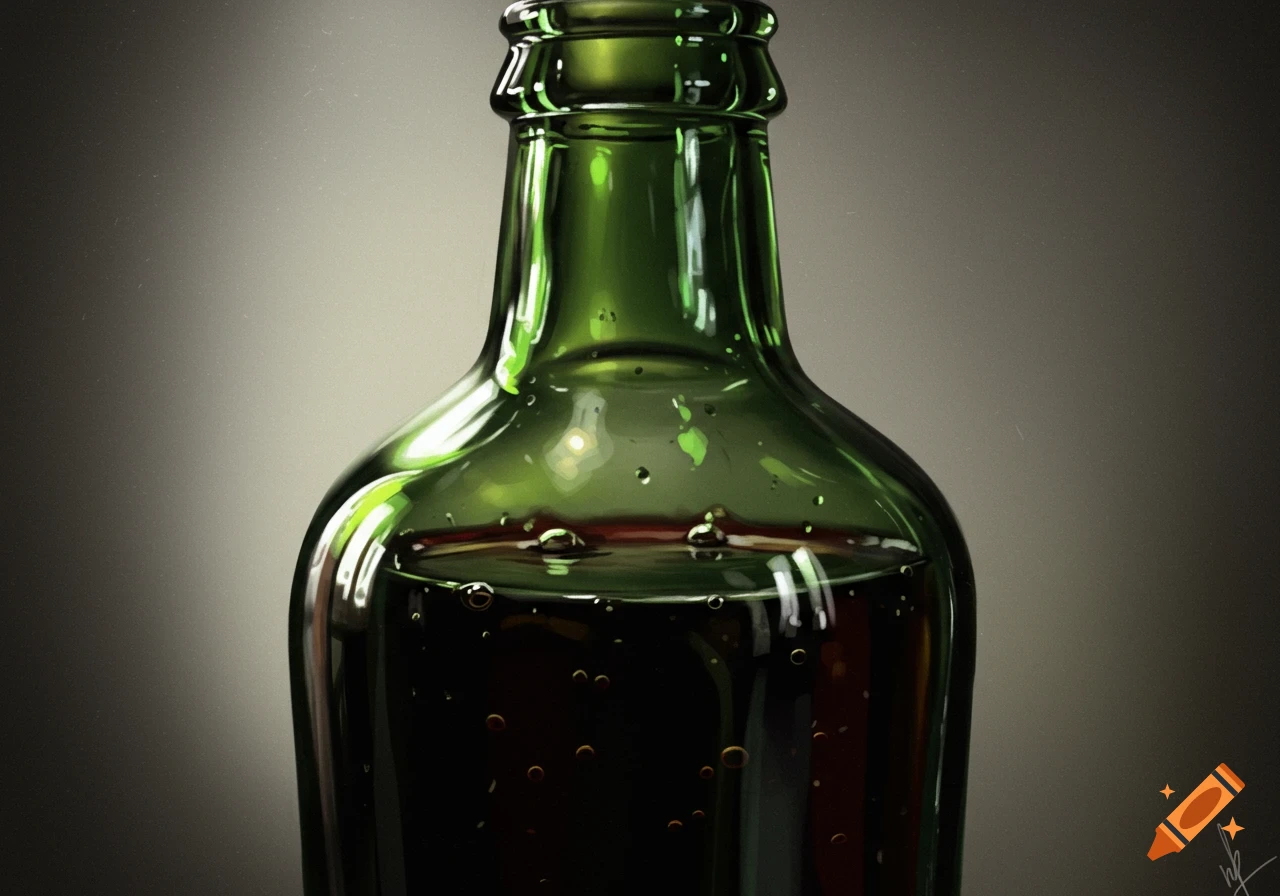 Close-up of a dark liquid in a green glass bottle, with light reflecting off the glass and bubbles visible.