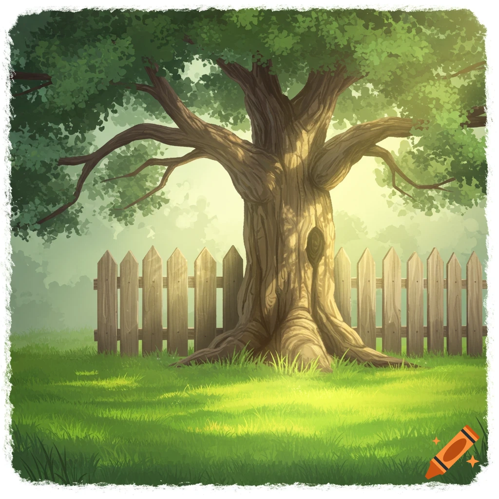 A large tree stands in a bright green grassy lawn next to a wooden picket fence, with sunlight filtering through its leaves.
