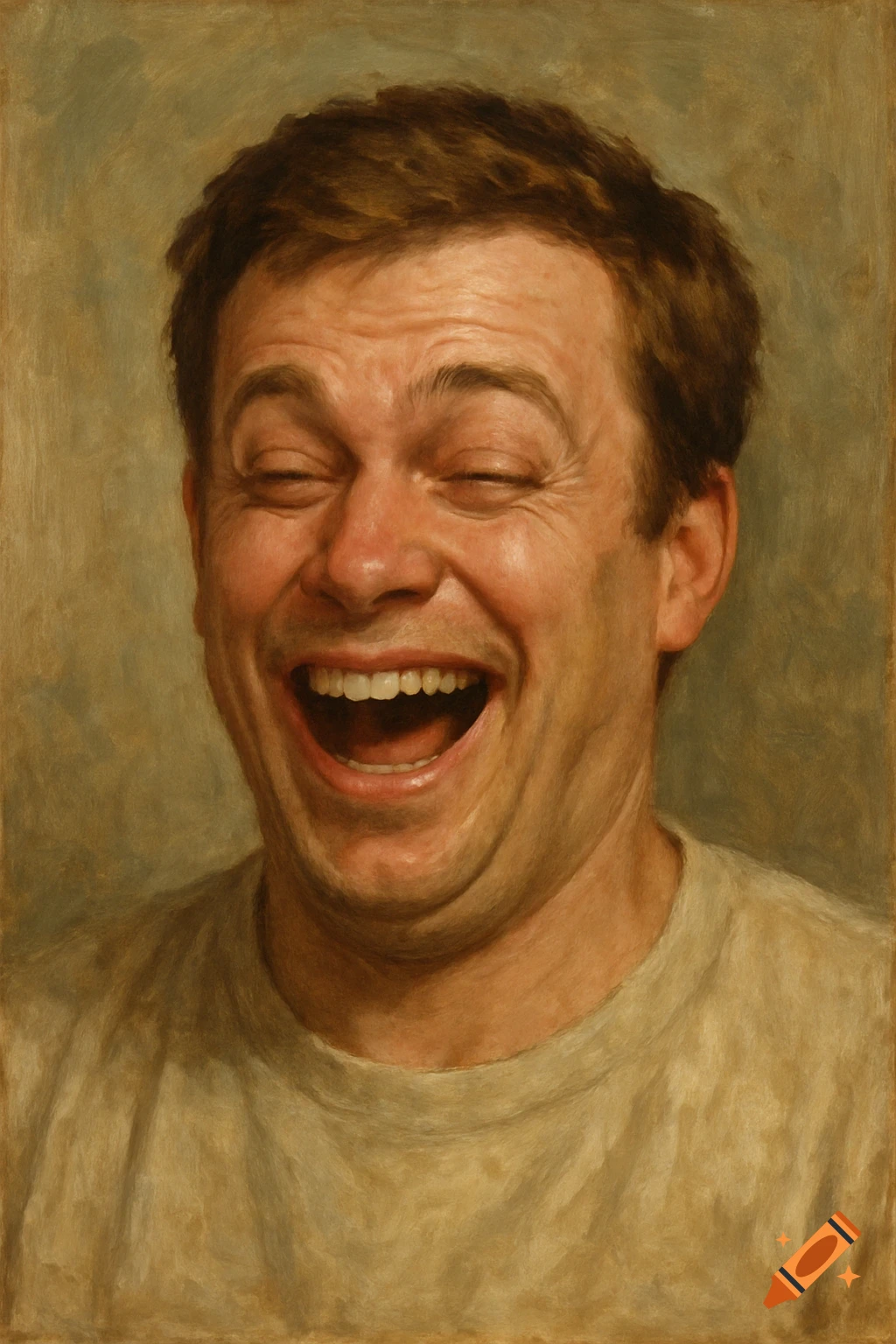 A close-up portrait painting of a man with eyes closed, laughing joyfully, against a textured background.