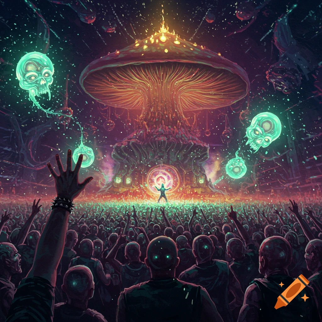 A vibrant, psychedelic scene of a massive glowing mushroom towering over a metal concert crowd with green glowing skulls floating above.