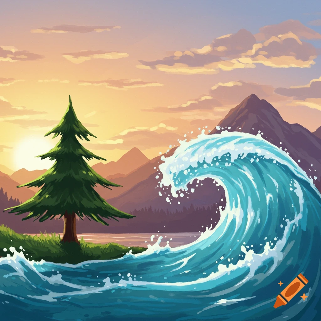 Stylized landscape art with a pine tree, a large blue ocean wave, mountains, and a vibrant sunset.