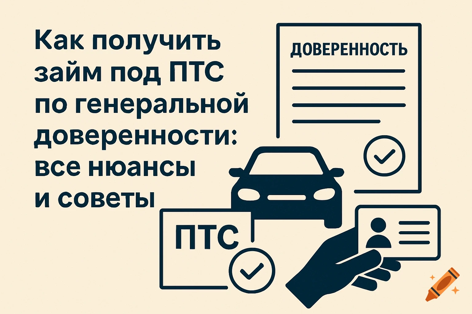 Minimalist illustration of a car, financial documents, and an ID, with Russian text about obtaining a loan.