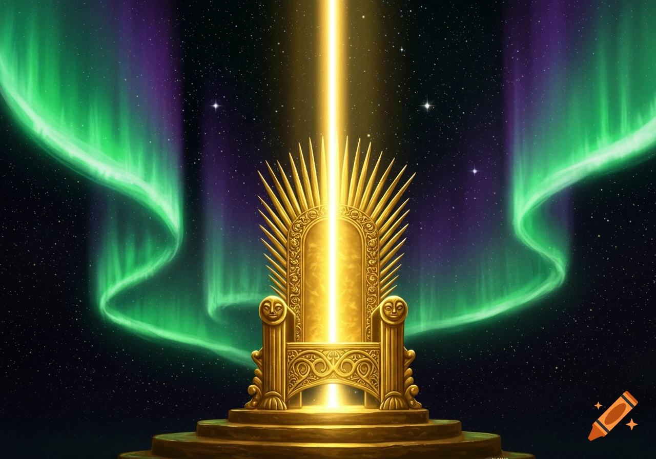 An ornate golden throne bathed in light, set against a starry night sky with vibrant green and purple aurora borealis.
