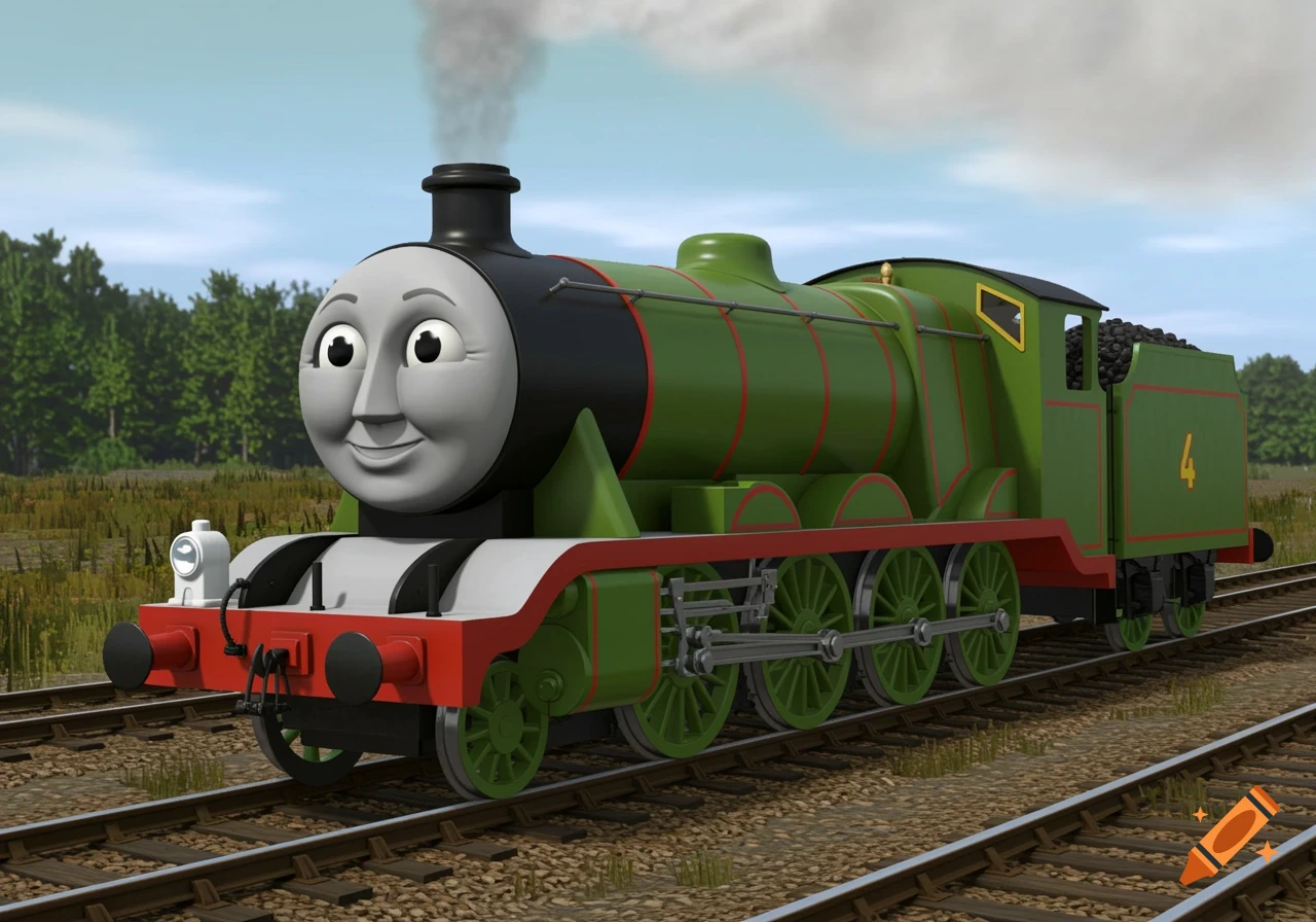 Green steam train with a smiling face, Henry from Thomas & Friends, on railway tracks in a field under a blue sky.