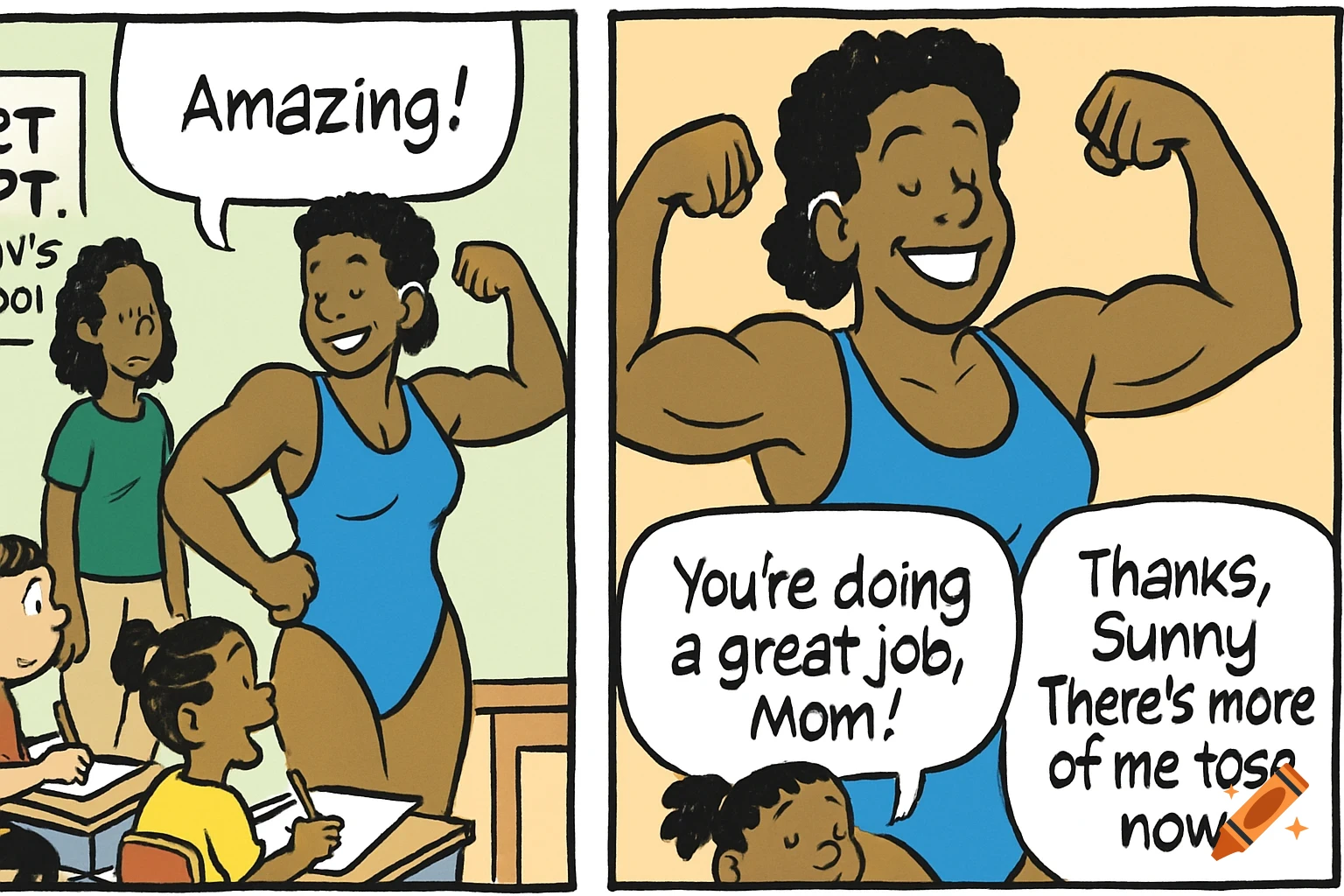 A cartoon comic strip shows a muscular Black woman in a blue swimsuit flexing in a classroom, with children watching. Text bubbles say 'Amazing!' and 'You're doing a great job, Mom!'