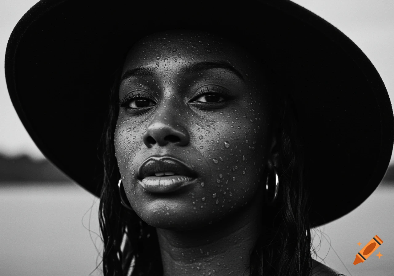 Close-up black and white portrait of a confident woman with water droplets on her face, wearing a wide-brimmed hat.