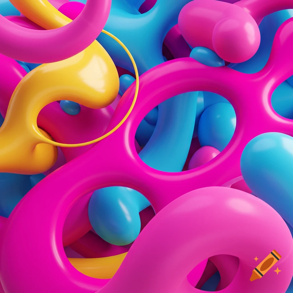Vibrant, glossy 3D abstract shapes in bright pink, blue, and yellow.