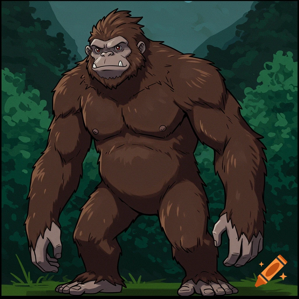 A brown Bigfoot creature with large hands stands in a dark green forest, in a cartoon illustration style.