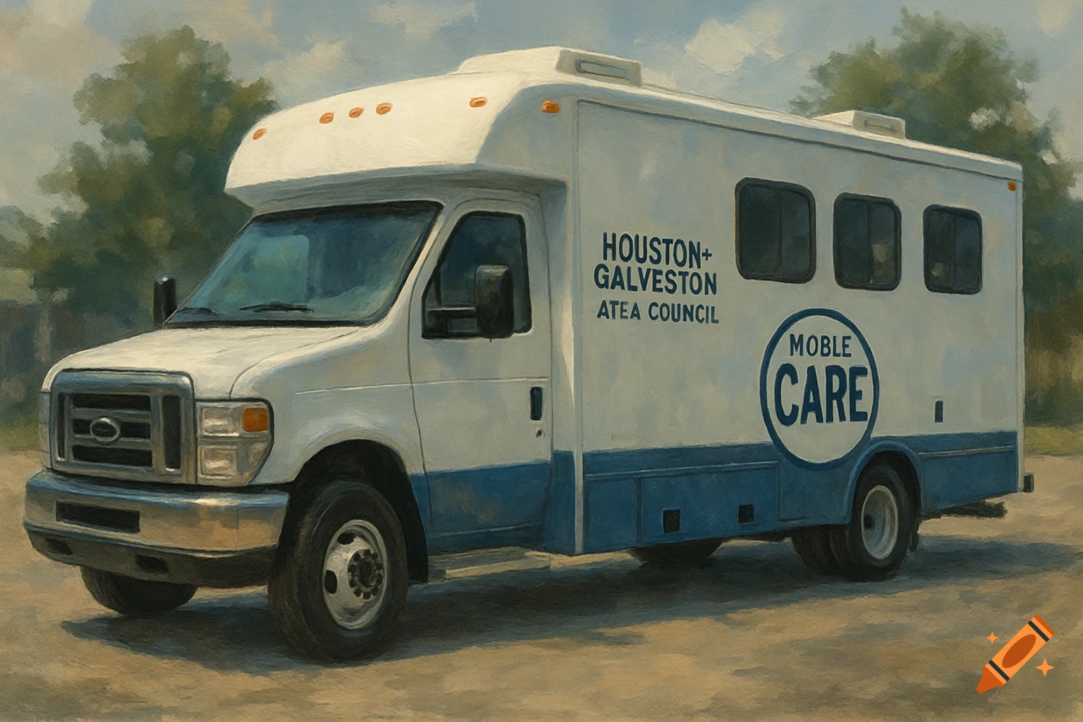 A white and blue mobile care unit van with text that reads "Houston+ Galveston ATEA Council" and a logo that says "MOBLE CARE" on its side, in a painted style.