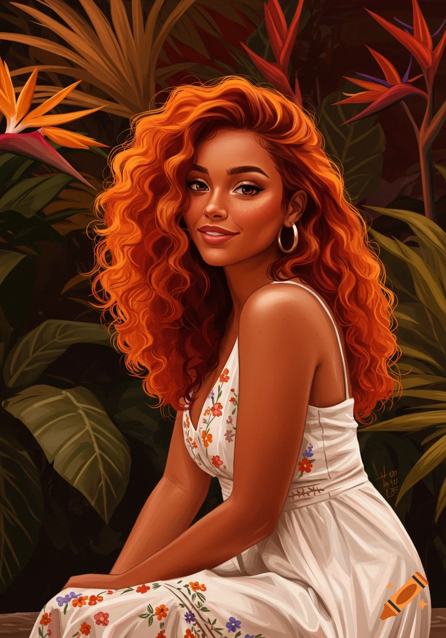 An illustration of a smiling woman with long, curly red hair, wearing a ...