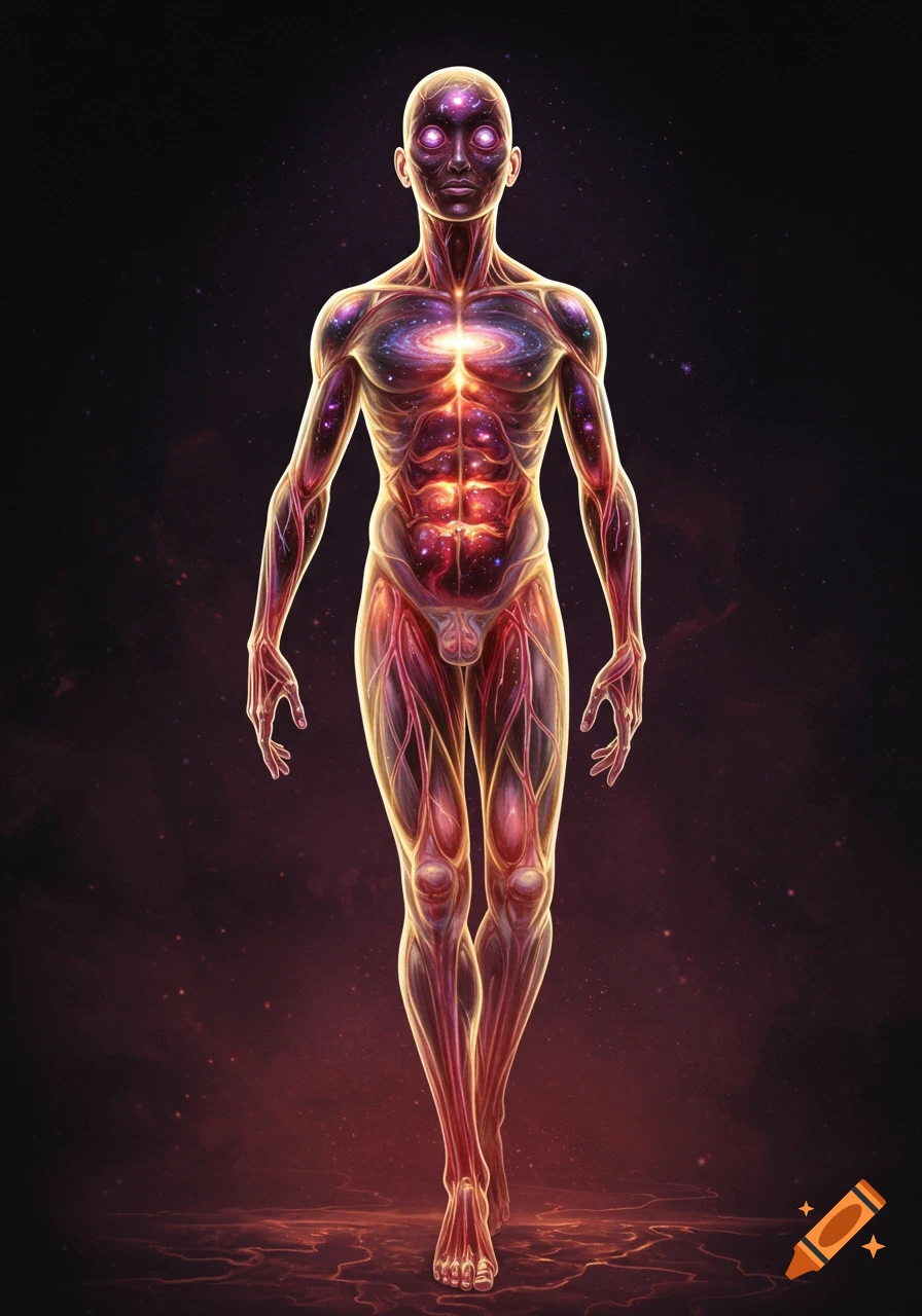 A glowing, transparent human figure with cosmic eyes and visible internal organs and veins, against a dark, starry background.