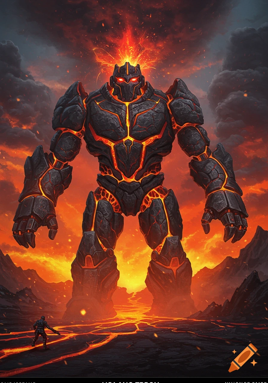 A massive lava golem with glowing cracks stands tall in a fiery volcanic landscape, while a small human soldier looks up from below.