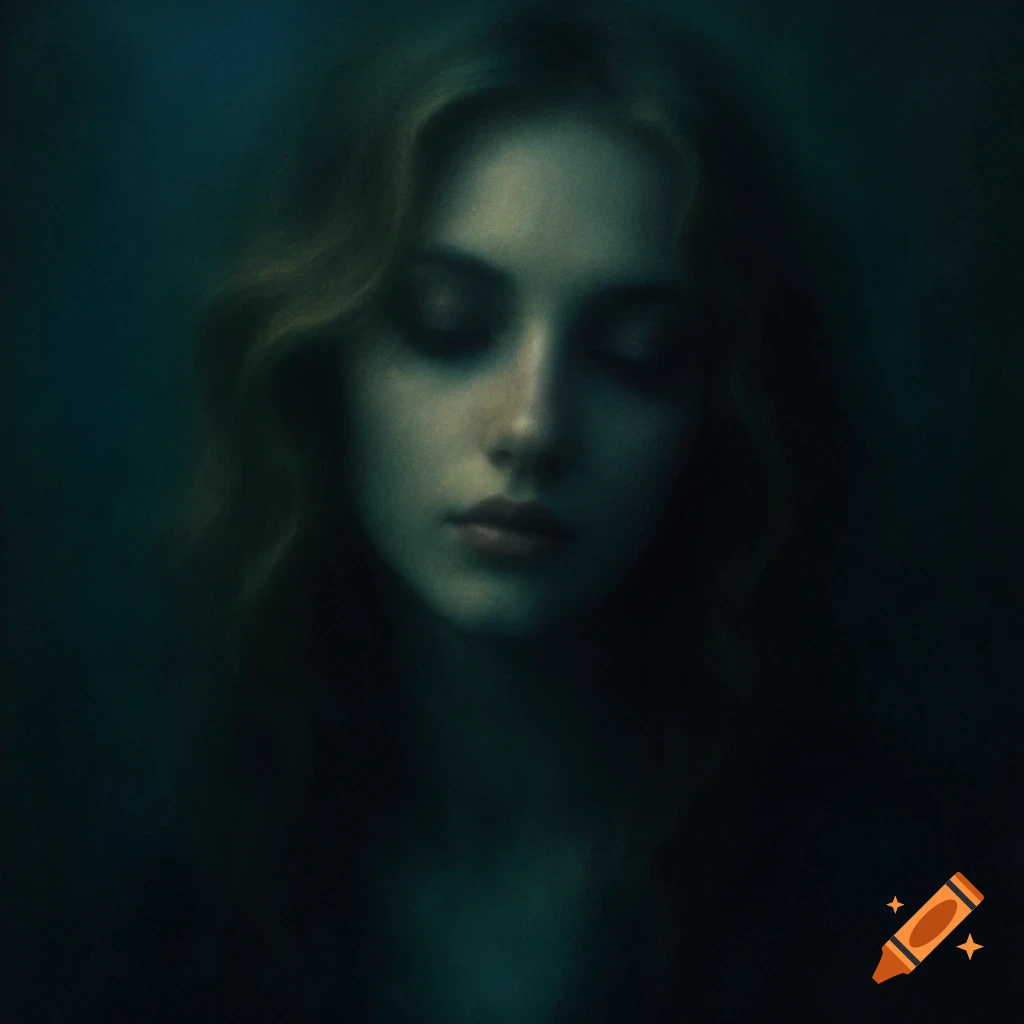 Dreamy blurred portrait of a woman with closed eyes and blonde hair in a dark, mysterious green and blue setting.
