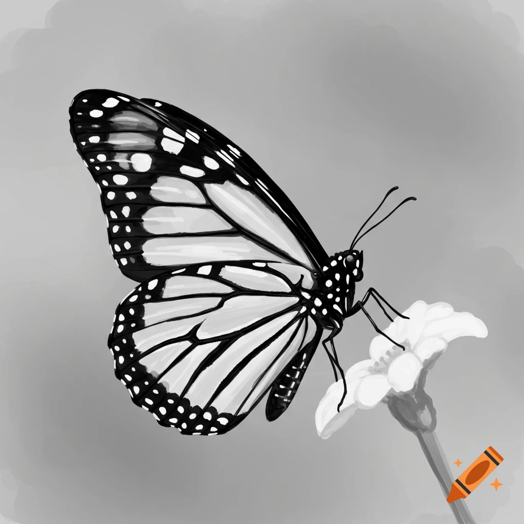 A black and white illustration of a monarch butterfly perched on a white flower.
