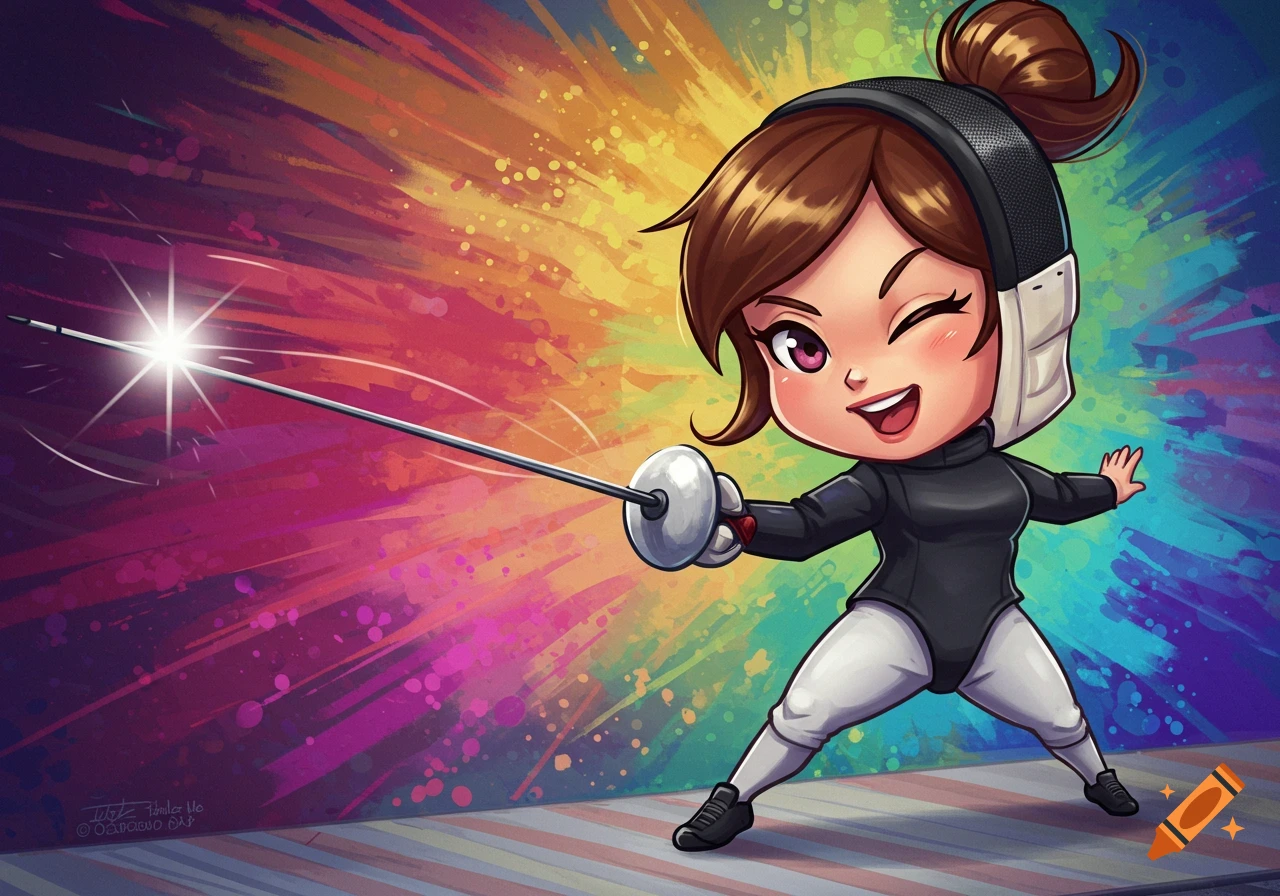 A cute, winking chibi fencer in black and white uniform holds an epee, sparking against a vibrant, colorful background.
