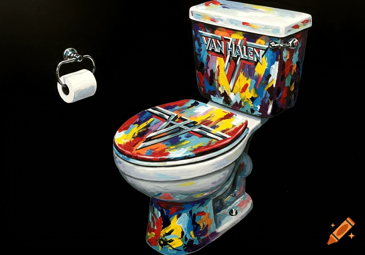A colorful toilet decorated with the Van Halen logo and abstract paint splashes, next to a toilet paper roll.