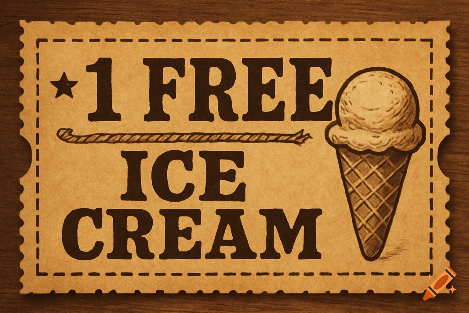 A vintage western-themed coupon for 1 free ice cream with an illustration of an ice cream cone.