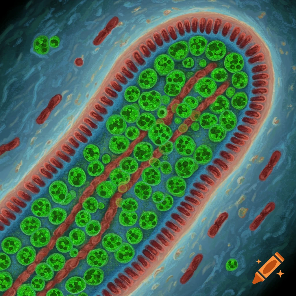 A microscopic illustration of elongated, red-rimmed cellular structures filled with numerous bright green spherical bodies, against a blue background.
