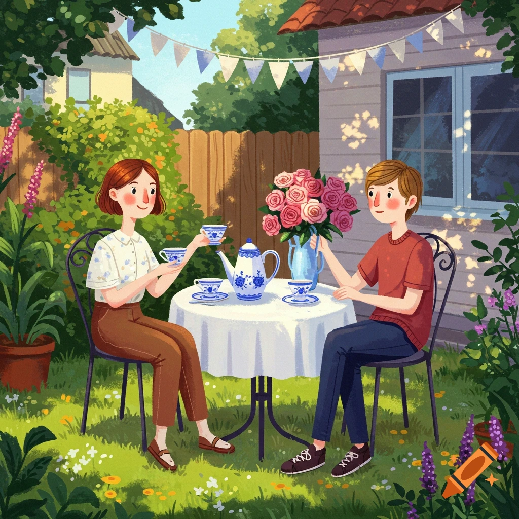 Two people enjoy a tea party with blue and white china and pink roses in a sunny backyard garden, illustration.