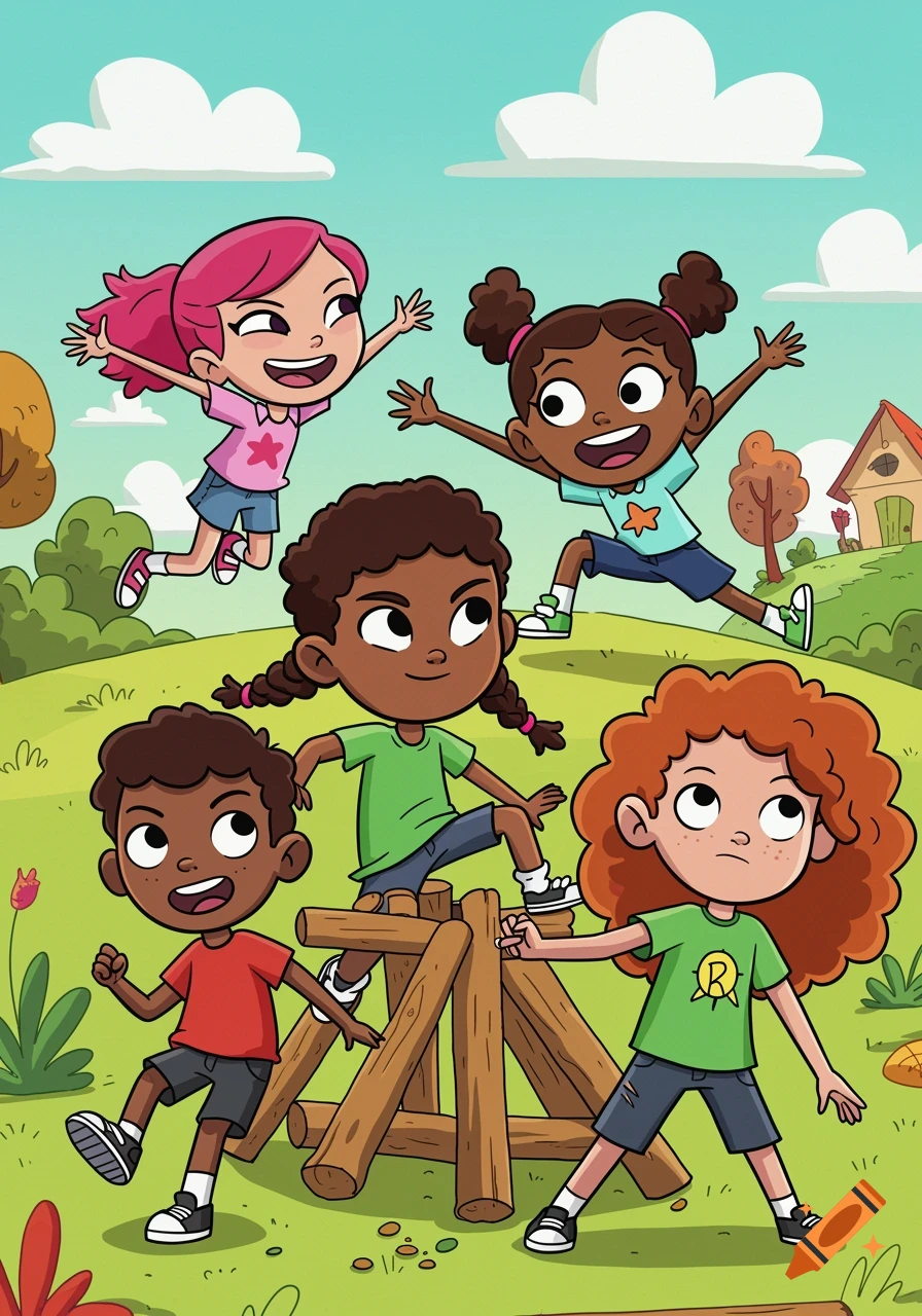 Five diverse cartoon children playing happily outdoors in a park, with two jumping and others interacting with a wooden structure.