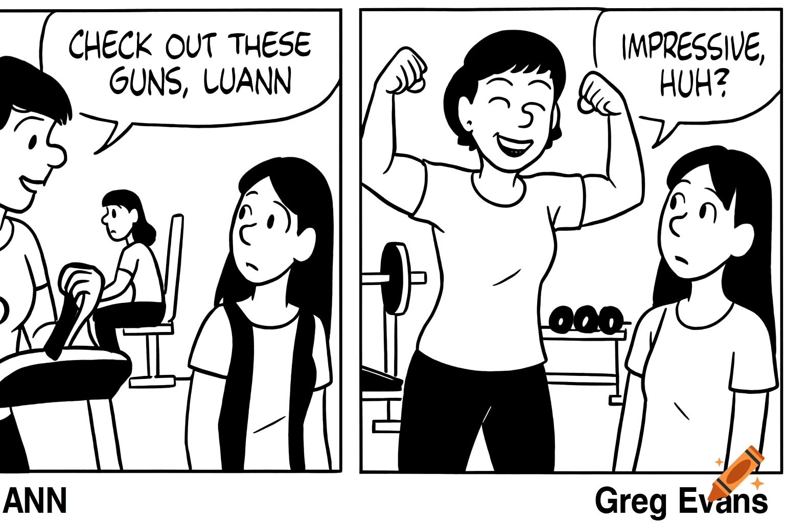 Black and white comic strip of a woman flexing her arm muscles at a gym, with another woman looking on.