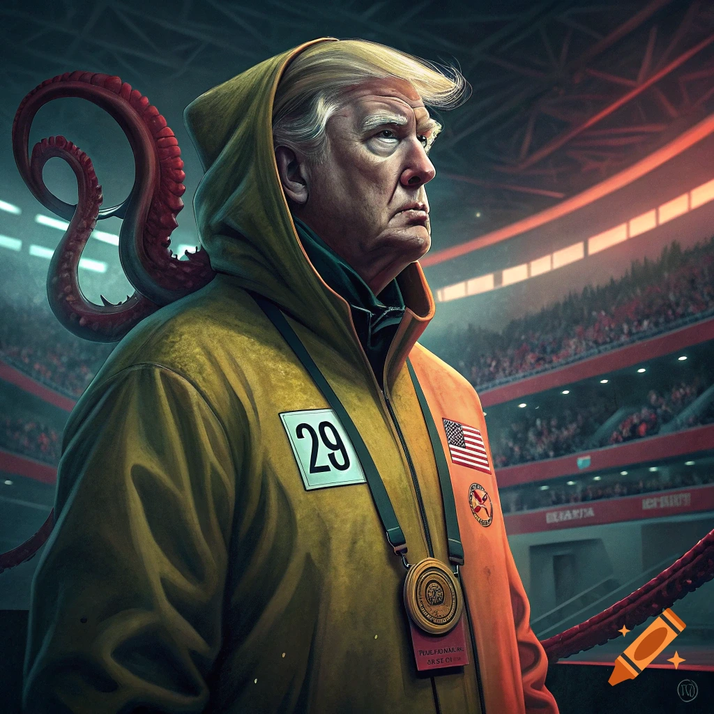 Donald Trump wearing a yellow Squid Game tracksuit with red tentacles emerging from his back, in a stadium.