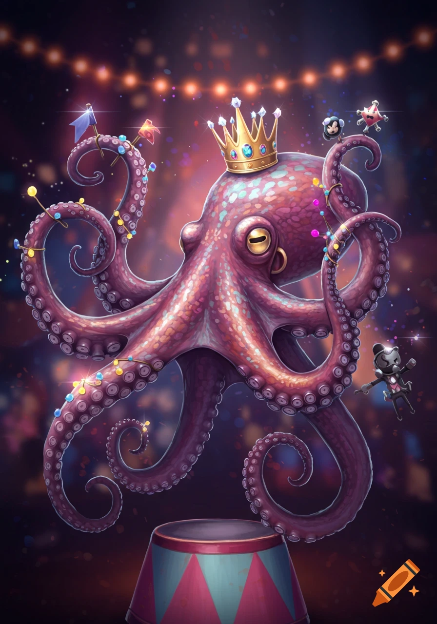 A regal purple octopus wearing a golden crown stands on a striped circus pedestal, adorned with colorful string lights.
