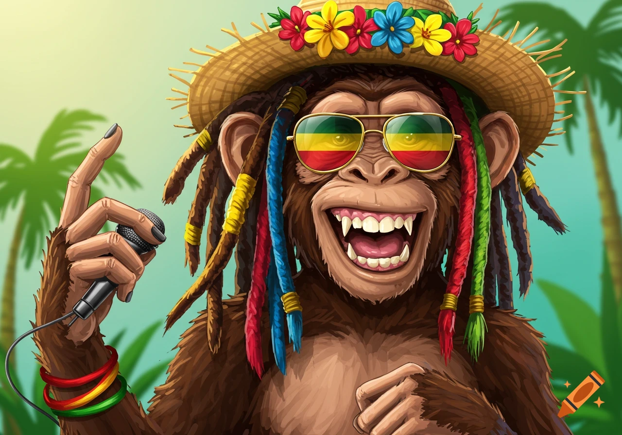 A vibrant cartoon reggae monkey wearing a straw hat, dreadlocks, and Rasta sunglasses sings into a microphone.