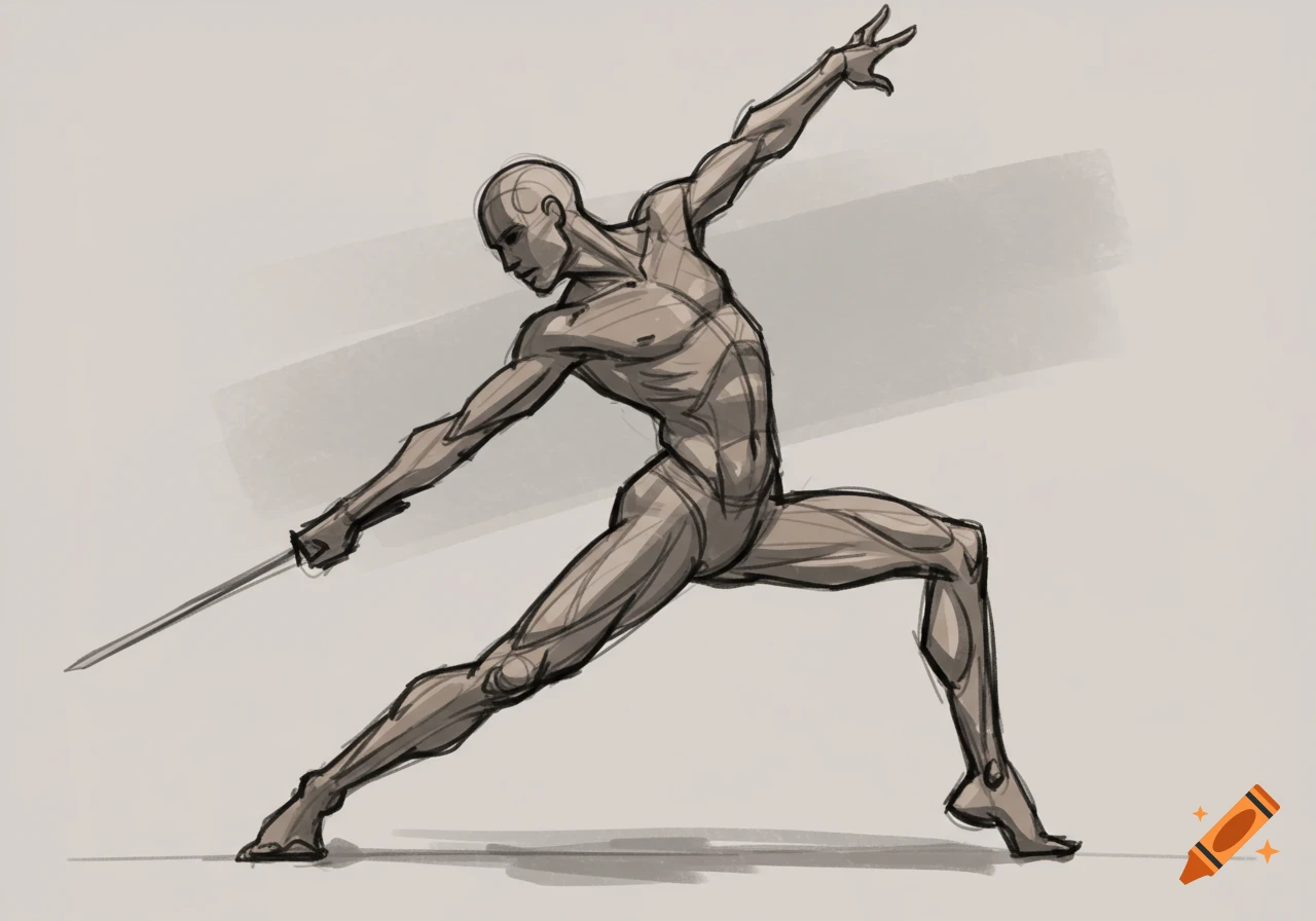 A brown and gray sketch of a male figure in a dynamic lunging pose holding a sword.