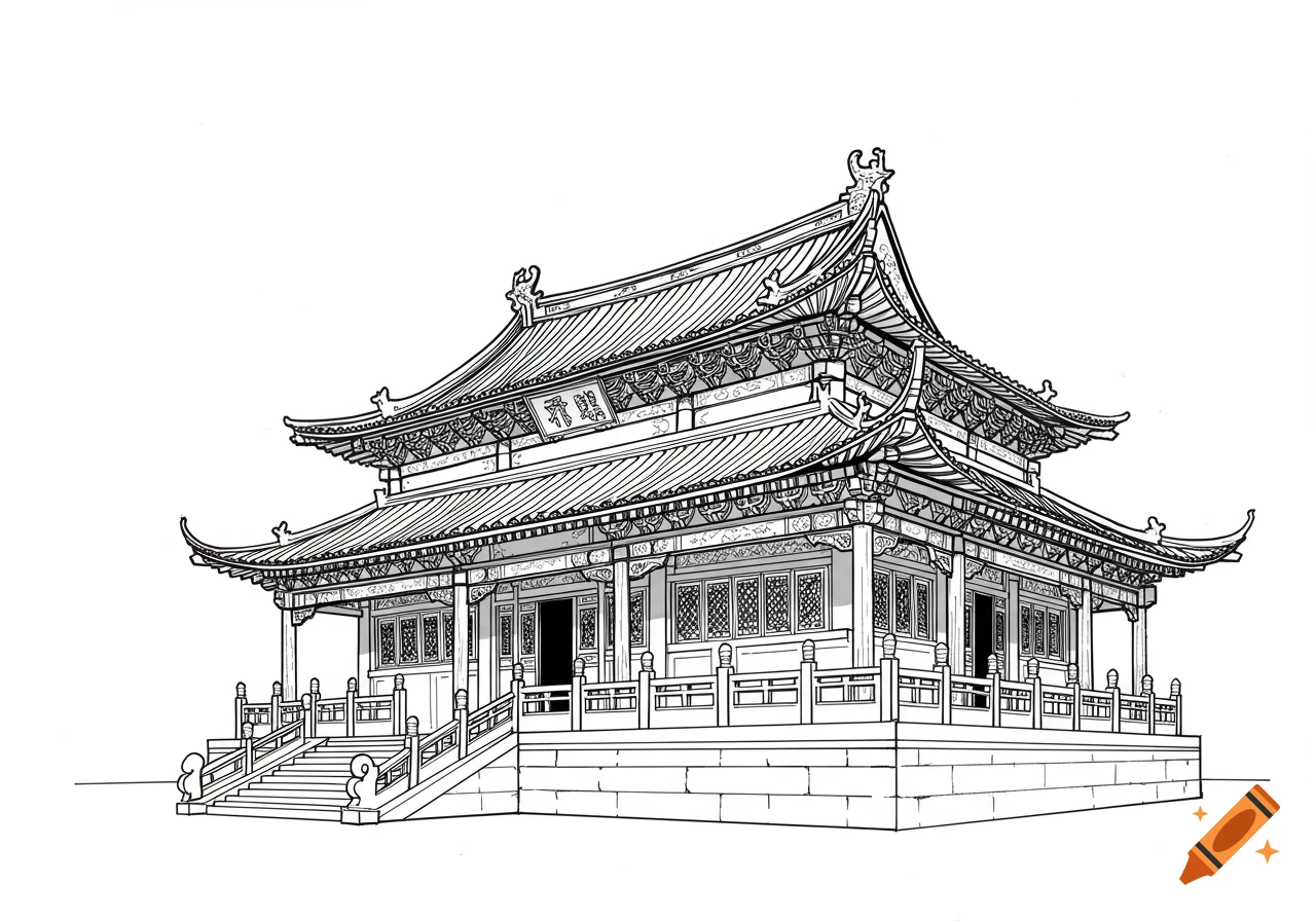 Black and white line art illustration of a detailed Chinese temple.