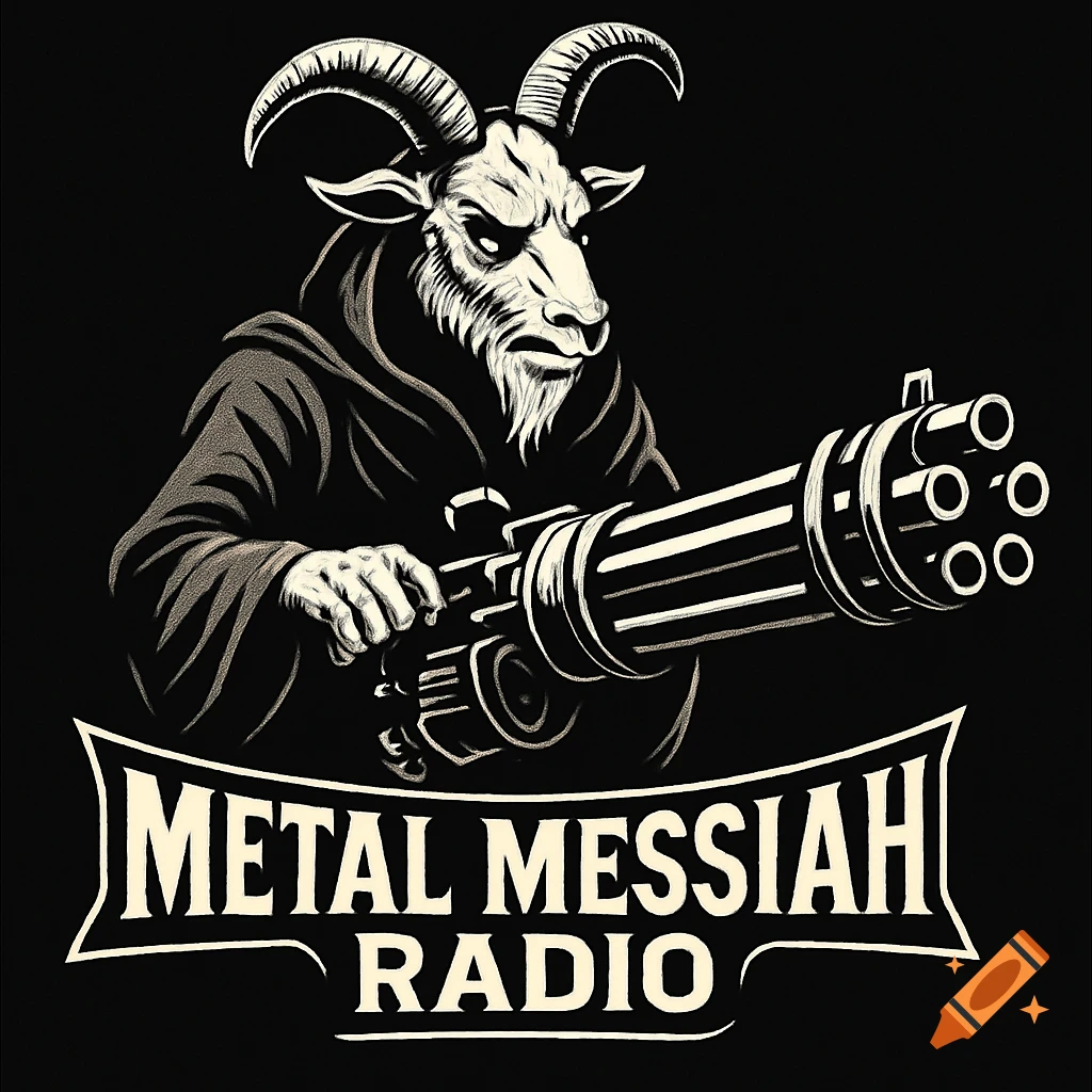 Black and white illustration of a goat grim reaper holding a gatling gun, with 'METAL MESSIAH RADIO' in a banner below.