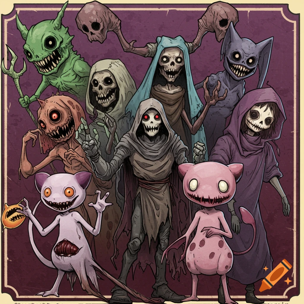 A group of stylized horror monsters and creepy, distorted Pokemon characters, some with skeletal faces and sharp teeth, on a purple background.