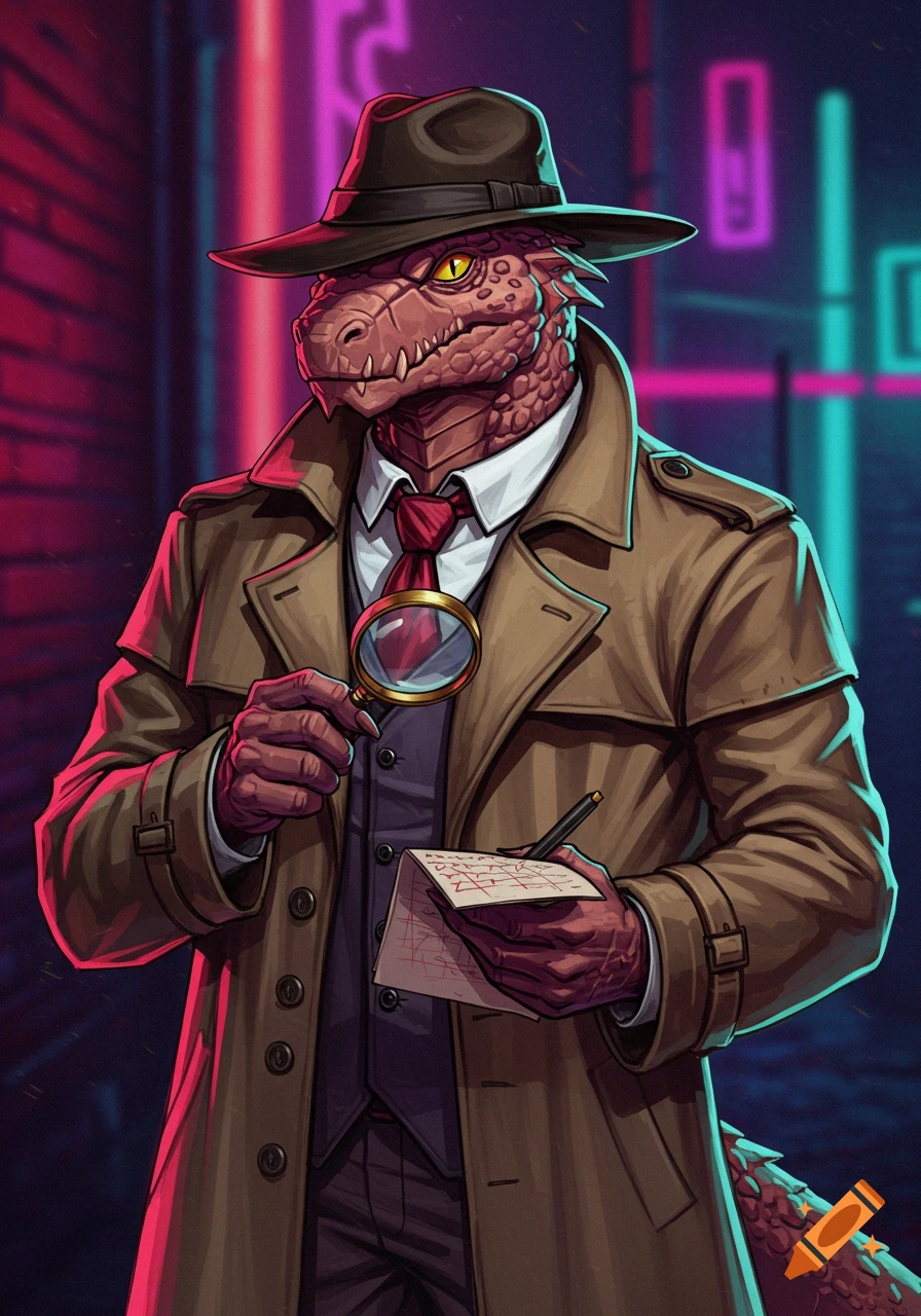 A reptilian detective in a trench coat and fedora holds a magnifying glass and notepad, illuminated by neon lights.