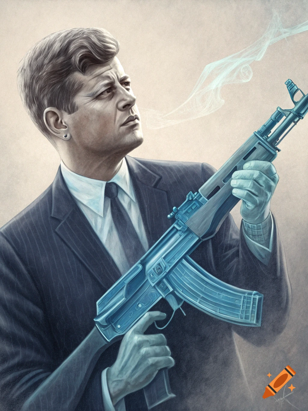 Stylized illustration of John F. Kennedy in a suit holding a blue, transparent AK-47 rifle with smoke.