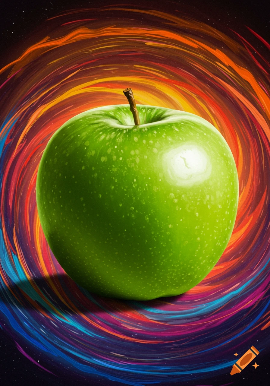 A vibrant green apple centered against a swirling backdrop of colorful abstract lines, resembling a galaxy or nebula.