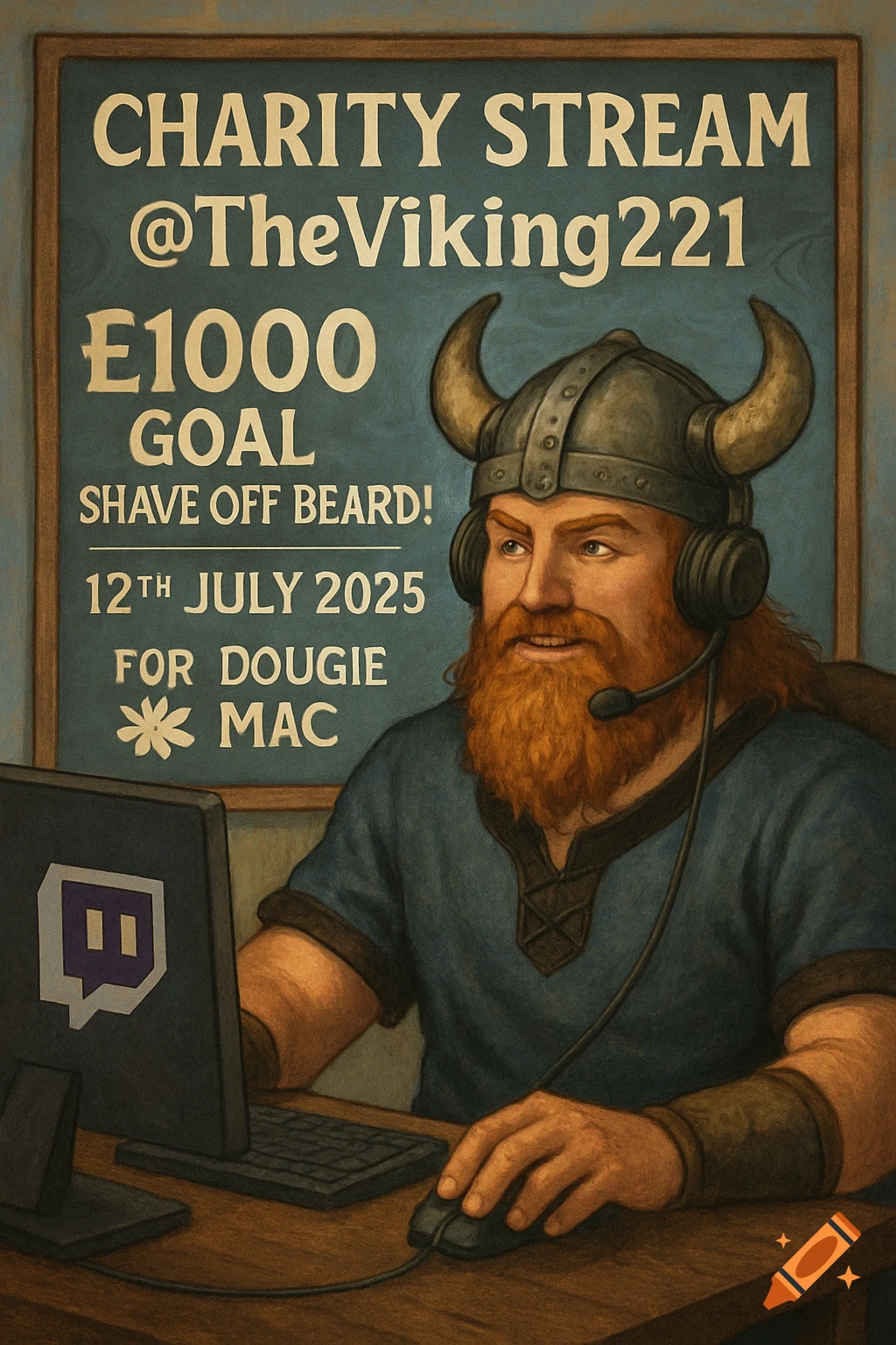 A bearded man in a viking helmet and headset sits at a computer, with a Twitch logo on the screen. Behind him is a poster for a charity stream.