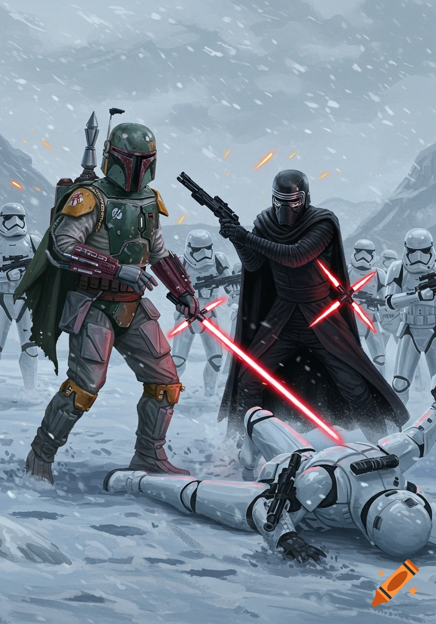 Boba Fett and Kylo Ren battle First Order Stormtroopers on a snowy planet in a detailed illustration.