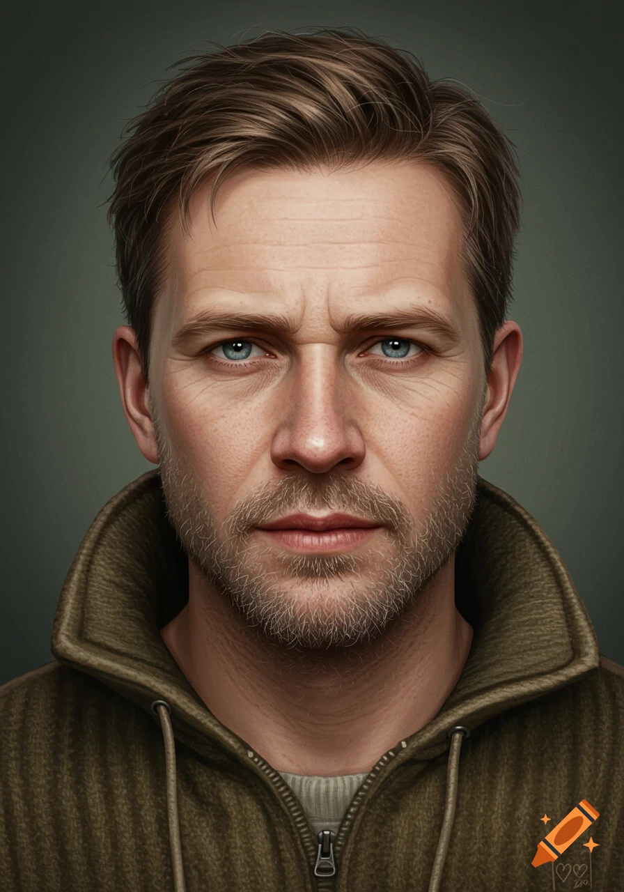 A close-up, realistic digital portrait of a man in his 30s with short brown hair, a stubble beard, blue eyes, and a weathered but kind face, wearing an olive-green hooded jacket.