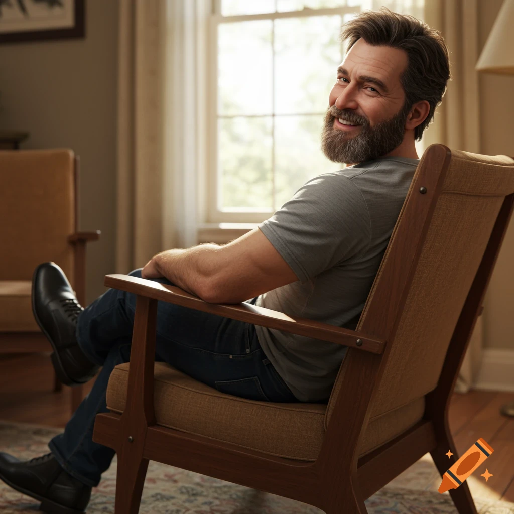 A smiling bearded man in a gray shirt and jeans sits relaxed in a wooden armchair, looking back.