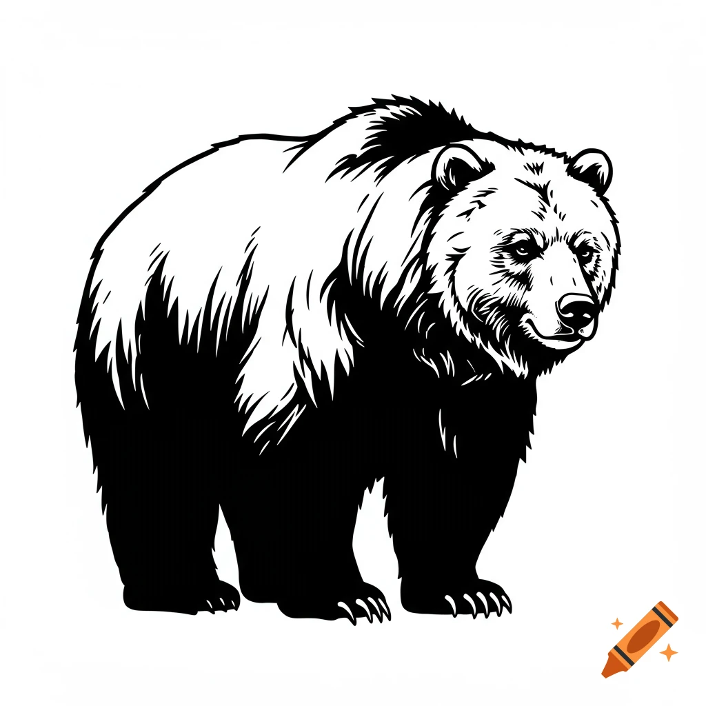 Black and white clip art illustration of a grizzly bear facing right.