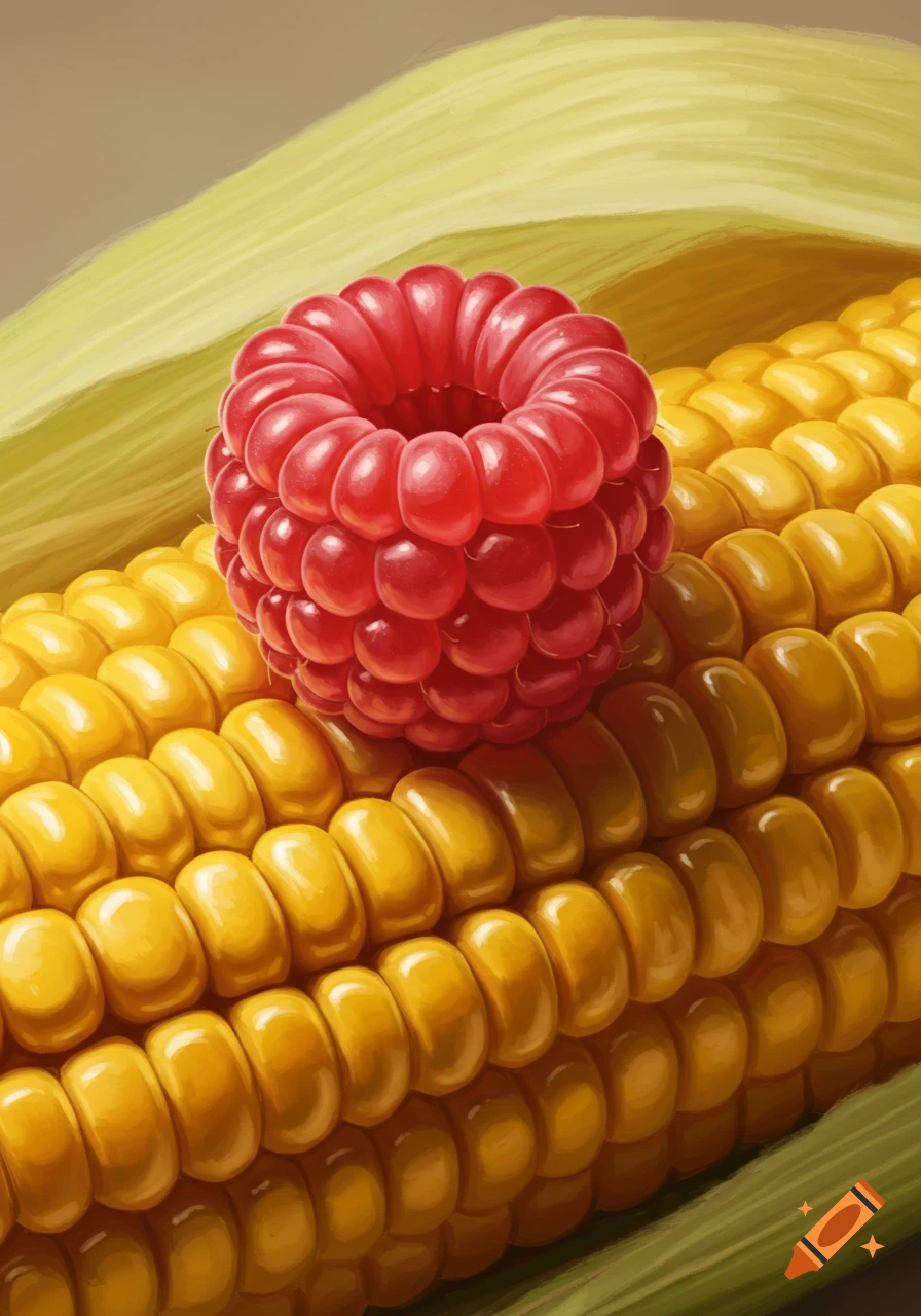 A vibrant red raspberry sits atop a yellow corn cob, detailed digital painting.