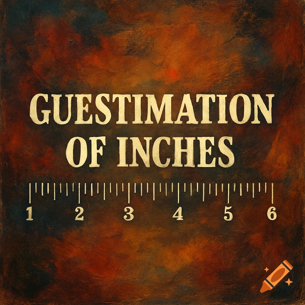 An album cover design featuring the title 'Guestimation of Inches' in bold, cream-colored letters above a ruler showing measurements from 1 to 6 inches, all set against a textured brown and orange background.