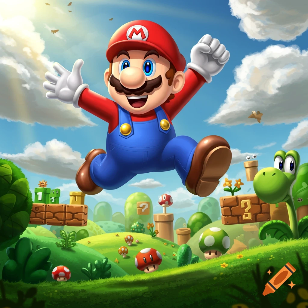 Super Mario jumps over a vibrant green landscape with iconic blocks, pipes, and mushrooms, alongside Yoshi, under a bright, sunny sky.