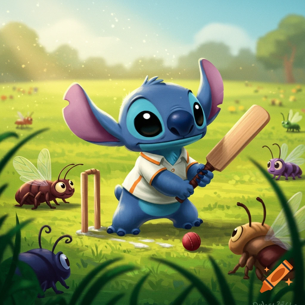 Stitch from Lilo & Stitch, looking super cute, playing cricket in a grassy field with cartoon bugs.