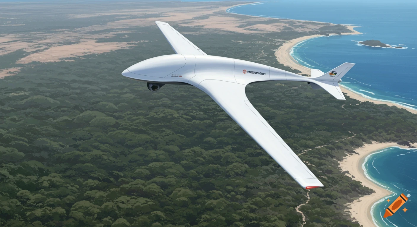 A white, slender, plane-shaped drone flies high over a vast green forest, with a sandy coastline and blue ocean stretching into the distance.